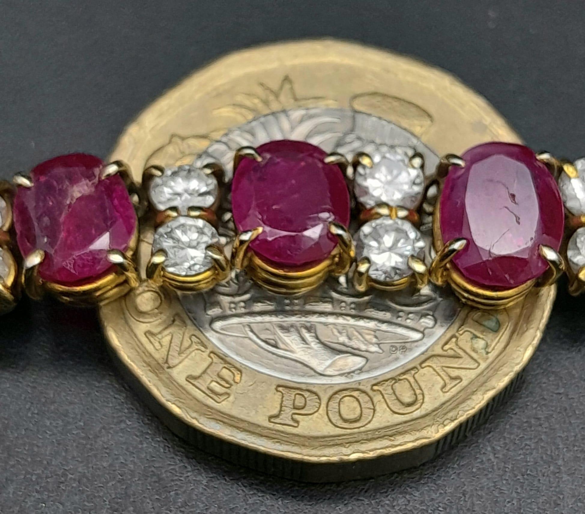 A vintage, 9 K yellow gold necklace loaded with oval cut natural rubies and round cut diamonds. - Image 7 of 10