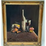 20th Century M.Morgan Still Life Oil on Canvas Painting of Wine, Cheese and Fruit. In gilded frame -