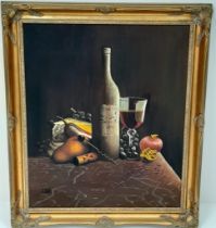 20th Century M.Morgan Still Life Oil on Canvas Painting of Wine, Cheese and Fruit. In gilded frame -