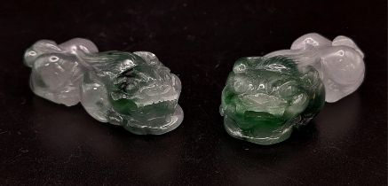 A Pair of Green and White Jade Chinese Foo Dog Figurines. 4cm.