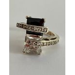 Fabulous Fully hallmarked DESIGNER SILVER RING Having large Princess cut Cubic Zirconia and Black