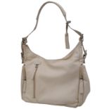 An Azure Beige Leather Handbag. Beige leather exterior with three zipped compartments. Purple