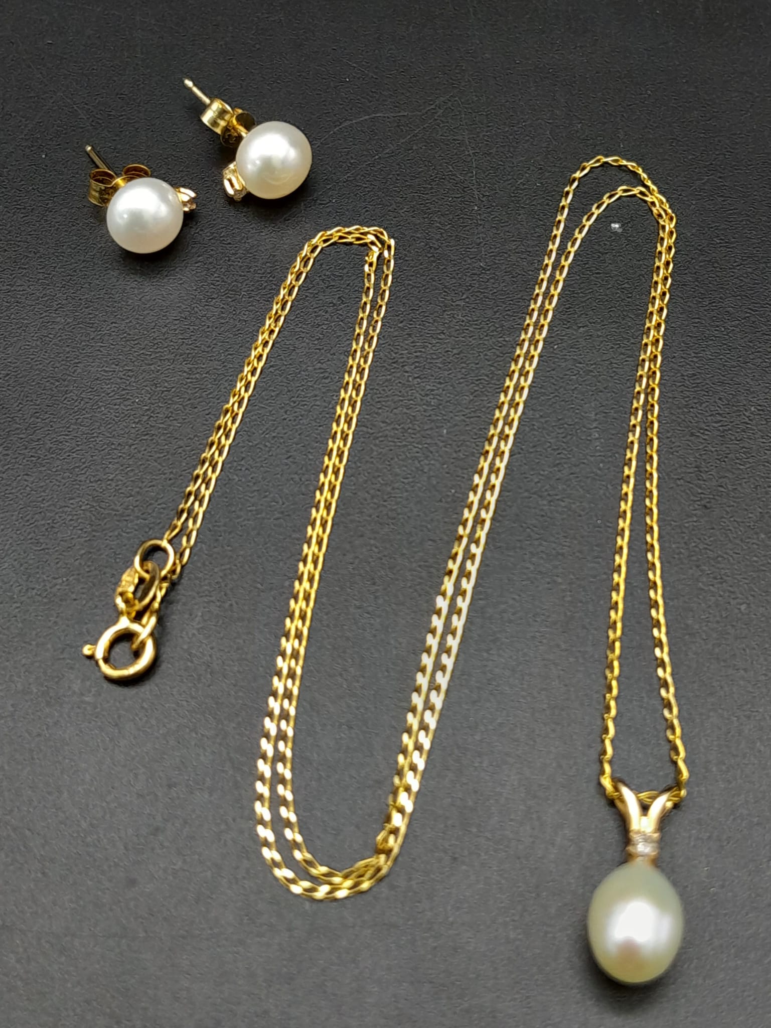 An Unworn 9 Carat Yellow Gold Pearl and Diamond Set Necklace & Matching Earrings. 46cm Length Chain, - Image 2 of 11