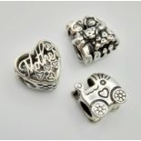 3x sterling silver Pandora charms: mother & son/baby buggy/wedding beads. Total weight 9.1g.