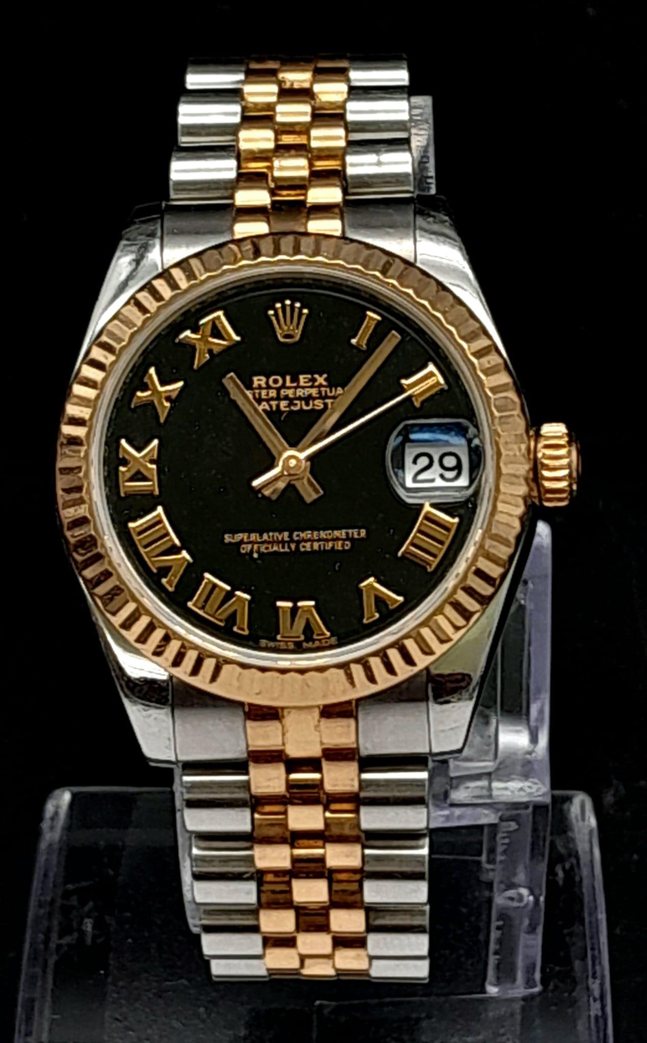A Bi-Metal Rolex Oyster Perpetual Datejust Ladies Watch. 18k rose gold and stainless steel