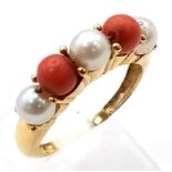 18K YELLOW GOLD CORAL & PEARL 5 STONE RING 4.7G SIZE Q 1/2