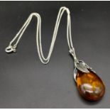 A Vintage Hanging Fruit Design Sterling Silver Amber Set Pendant Necklace. 46cm Length. Set with a