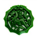 A Green Jade Circular Horse Decorative Pendant. 5cm diameter. Pierced design.