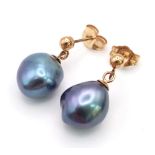 A pair of 9K yellow gold droplet earrings with suspended bluish purple freshwater pearls. Boxed.