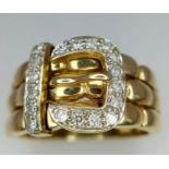 A VINTAGE 9K YELLOW GOLD DIAMOND SET BUCKLE RING. WEIGHT 10G, SIZE U.