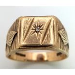 A Vintage 9K Yellow Gold Gents Signet Diamond Ring. Small round cut diamond set in a star formation.