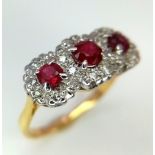 18K YELLOW AND WHITE GOLD DIAMOND & RUBY TRIPLE CLUSTER RING, WITH TRILOGY RUBY SETTING AND DIAMONDS