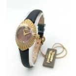 A Vivienne Westwood Oval Quartz Watch. Grey leather strap. Case - 22mm. Burgundy dial. As new, in