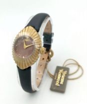 A Vivienne Westwood Oval Quartz Watch. Grey leather strap. Case - 22mm. Burgundy dial. As new, in