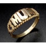A 9K GOLD "MUM" RING WITH LOVING HEARTS ON THE SHOULDERS . 2.2gms size Q