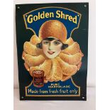 Vintage metal advertising sign for GOLDEN SHRED MARMALADE. Corners showing some signs of use. 16 “ x