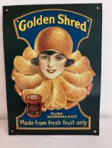 Vintage metal advertising sign for GOLDEN SHRED MARMALADE. Corners showing some signs of use. 16 “ x