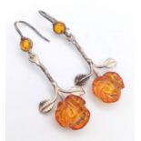 An Excellent Design Vintage or Antique Pair of Amber Flower Cut Dangle Earrings, 5.5cm Length. Set