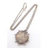 A Sterling Silver Antique 1887 Queen Victoria Shilling Necklace 42cm Length Sterling Chain. 10.72