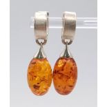 An Excellent Condition Vintage Pair of Oval Cut Amber Sterling Silver Secure Fit Earrings. 4cm