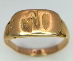 A Vintage 9K Yellow Gold Initialled Signet Ring. Size I. 2.26g weight.