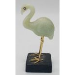 A Vintage Chinese Jade Stork Figure on a Stone Plinth. White stone eyes. 12cm tall.