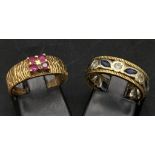 A 9K Bark Effect Ring Set with 4 Rubies, and a 9K Eternity Ring Set with Blue Sapphires and Blue