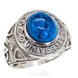 ORNATE STERLING SILVER BLUE STONE COLLEGE STYLE RING. INSCRIBED: OXFORD UNIVERSITY WEIGHT: 7.2G SIZE