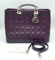 A DIOR LADY DIOR PURPLE VIOLET LAMBSKIN WITH SILVER HARDWARE BAG. A SECURE ZIPPED TOP WITH CD