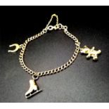 Beautiful 9K Solid Curb Bracelet with Safety Chain. Features 3 Gold Charms: Teddy, Ice Skate & Lucky