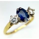 18kt Yellow Gold Diamond & Sapphire 3 Stone Ring. 0.65ct Oval Sapphire 0.20ct Diamonds W: 2.2g
