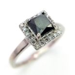 A WGI certified platinum ring set with square-cut black diamond and a halo of twenty round brilliant