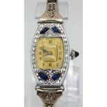 An Antique Art Deco Bulova Ladies Sapphire Set Watch with Cabochon Winder. Dated 1924. Has an