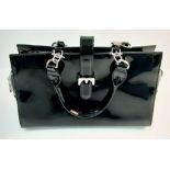 An L.K. Bennett Black Patent Leather Twin Handle Zip Bag. Complete with Dust Cover. 34x12x21cm.