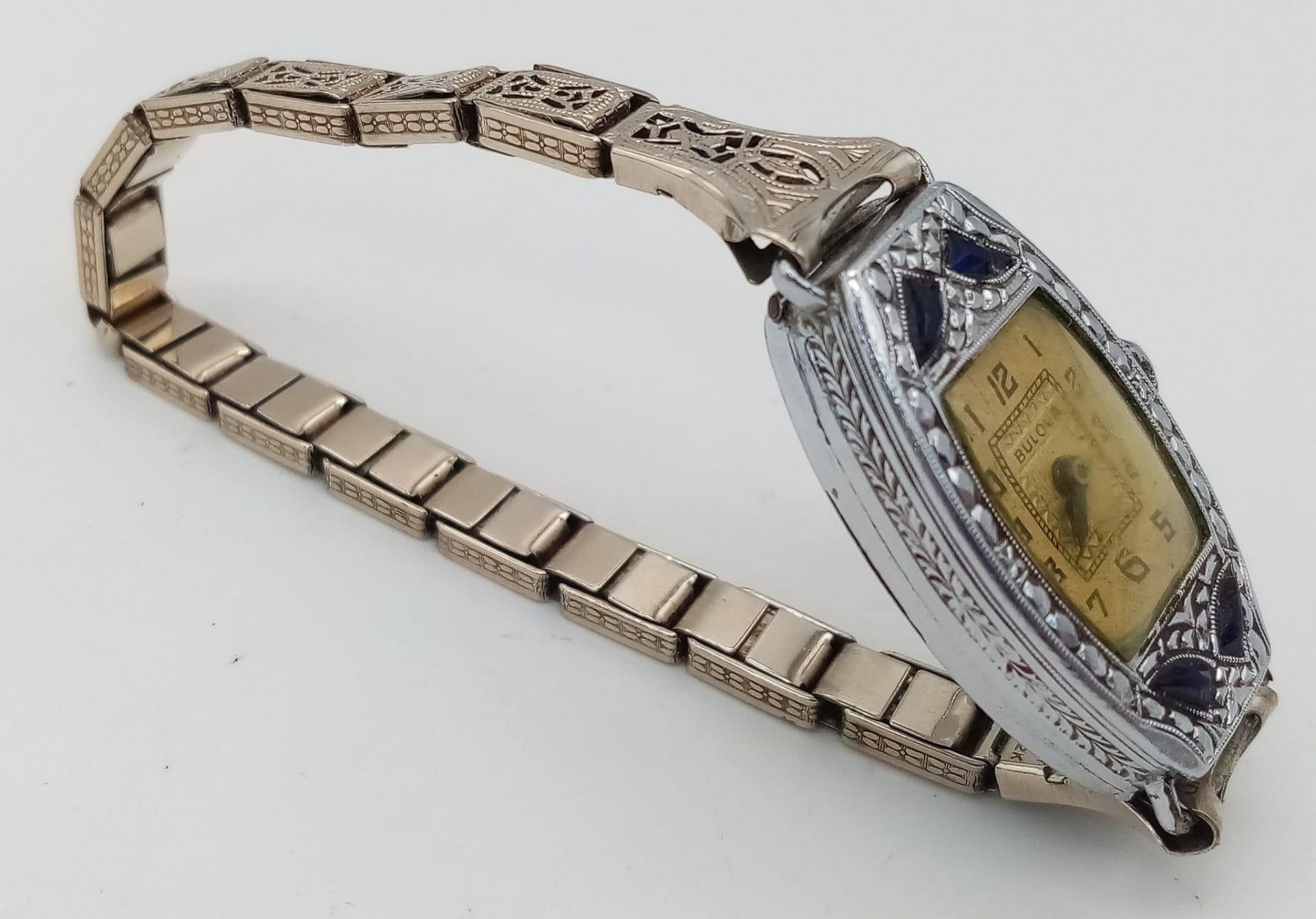 An Antique Art Deco Bulova Ladies Sapphire Set Watch with Cabochon Winder. Dated 1924. Has an - Image 3 of 7