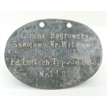 WW1 Imperial German Dog Tag for a soldier who served in the Field Aviation Search Light Troop.