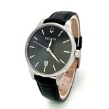 A Classic Bulova Quartz Unisex Watch. Black leather strap. Stainless steel case - 36mm. Black dial