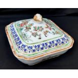 An Antique 18th Century Chinese Hand Painted Ceramic Dish with Cover. Floral and wildlife decoration