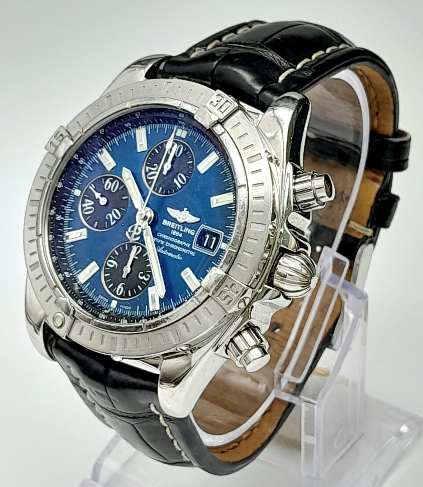 A Breitling Chronograph Automatic Gents Watch. Black leather strap. Stainless steel case - 44mm. - Image 2 of 24