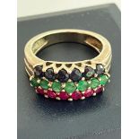 Fabulous 3 ROW RUBY,SAPPHIRE,and EMERALD RING.Set and mounted to top in 925 SILVER. Statement