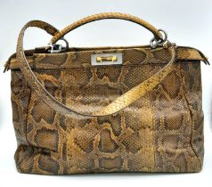 A Large Fendi Brown Python Peekaboo Handle Bag. Comes with an internal zipped pocket and double