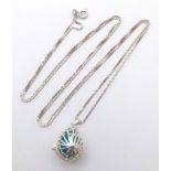 A New Sterling Silver and Turquoise Filigree Cage Pendant Necklace. 84cm Sterling Silver Box