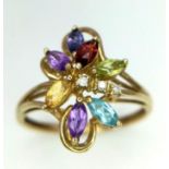 9K YELLOW GOLD DIAMOND & MULTI GEM SET RING, WEIGHT 3.1G SIZE W