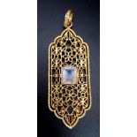 A 2.2CT Rectangular Moonstone set in a 925 gilded silver filigree Pendant. Total weight 8.35G.