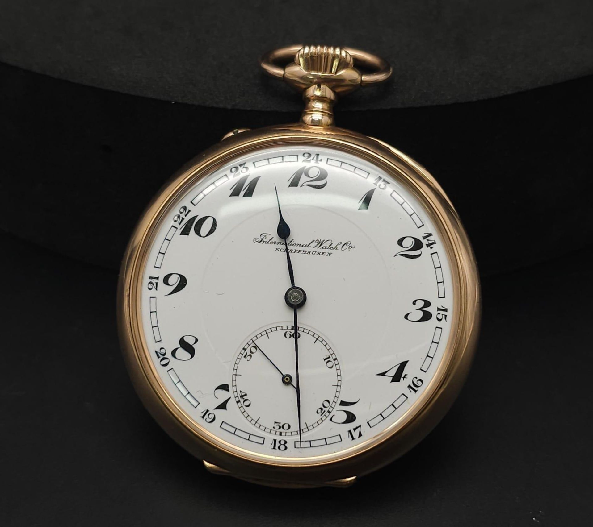 Charming International Watch Company IWC 14K rose gold Half Hunter pocket watch. White dial,