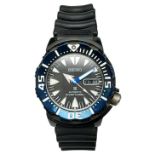 A Seiko 4R36 Automatic Divers Watch. Black rubber strap. Two tone steel case - 42mm. Black dial with