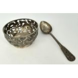 A Chinese Silver Pierced Repoussé Three Dragon Decorative Bowl - with solid foot base. Rim marked