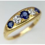A Vintage 18K Yellow Gold Diamond and Sapphire Five-Stone Ring. Size M. 3.3g total weight.