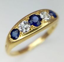 A Vintage 18K Yellow Gold Diamond and Sapphire Five-Stone Ring. Size M. 3.3g total weight.