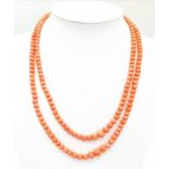 A Vintage Orange Coral Two-Row Necklace. 36-40cm.